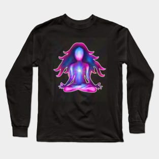 Psychedelic Glowing Pink Blue Yoga Silhouette Long Sleeve T-Shirt